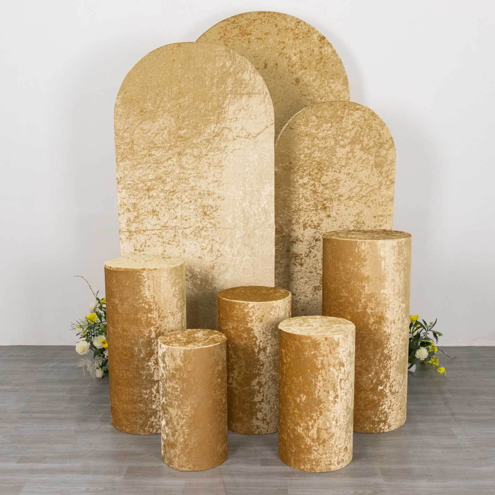 Set of 5 Champagne Crushed Velvet Cylinder Pedestal Stand Covers, Premium Pillar Prop Covers