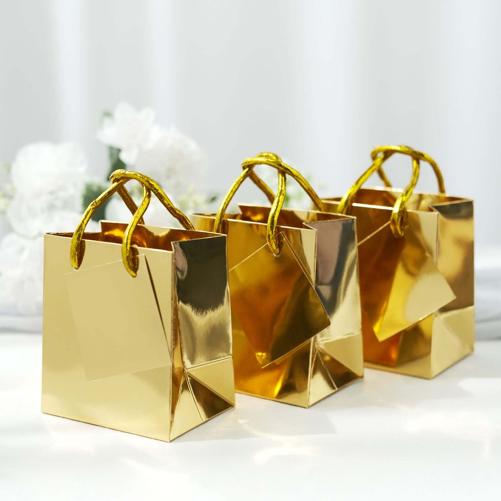 12 Pack 5 Shiny Metallic Gold Foil Paper Party Favor Bags With Handles, Small Gift Wrap Goodie Bags