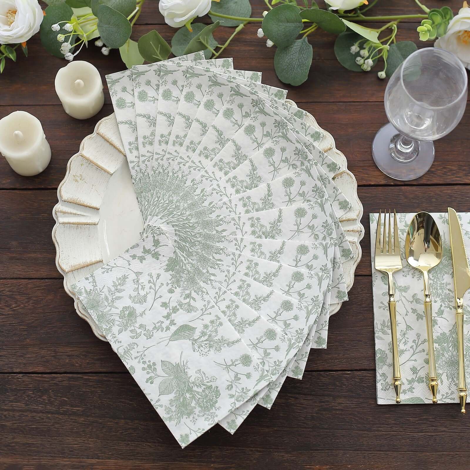 20-Pack Paper Dinner Napkins White/Sage Green with French Toile Pattern 2 Ply - Stylish Disposable Napkins for Parties