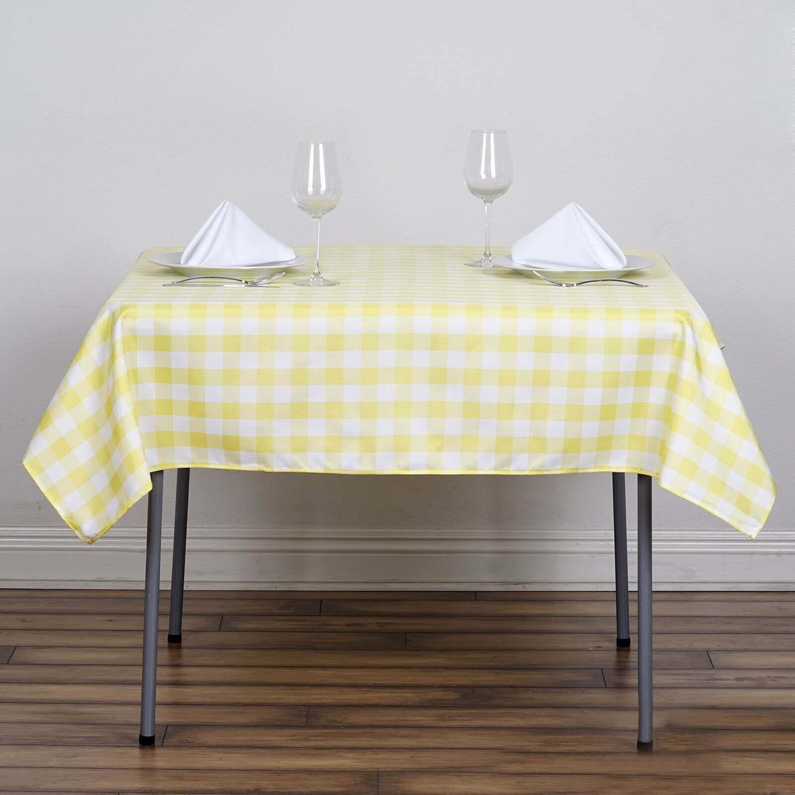 54x54 White Yellow Seamless Buffalo Plaid Square Table Overlay, Checkered Gingham Polyester Table Overlay