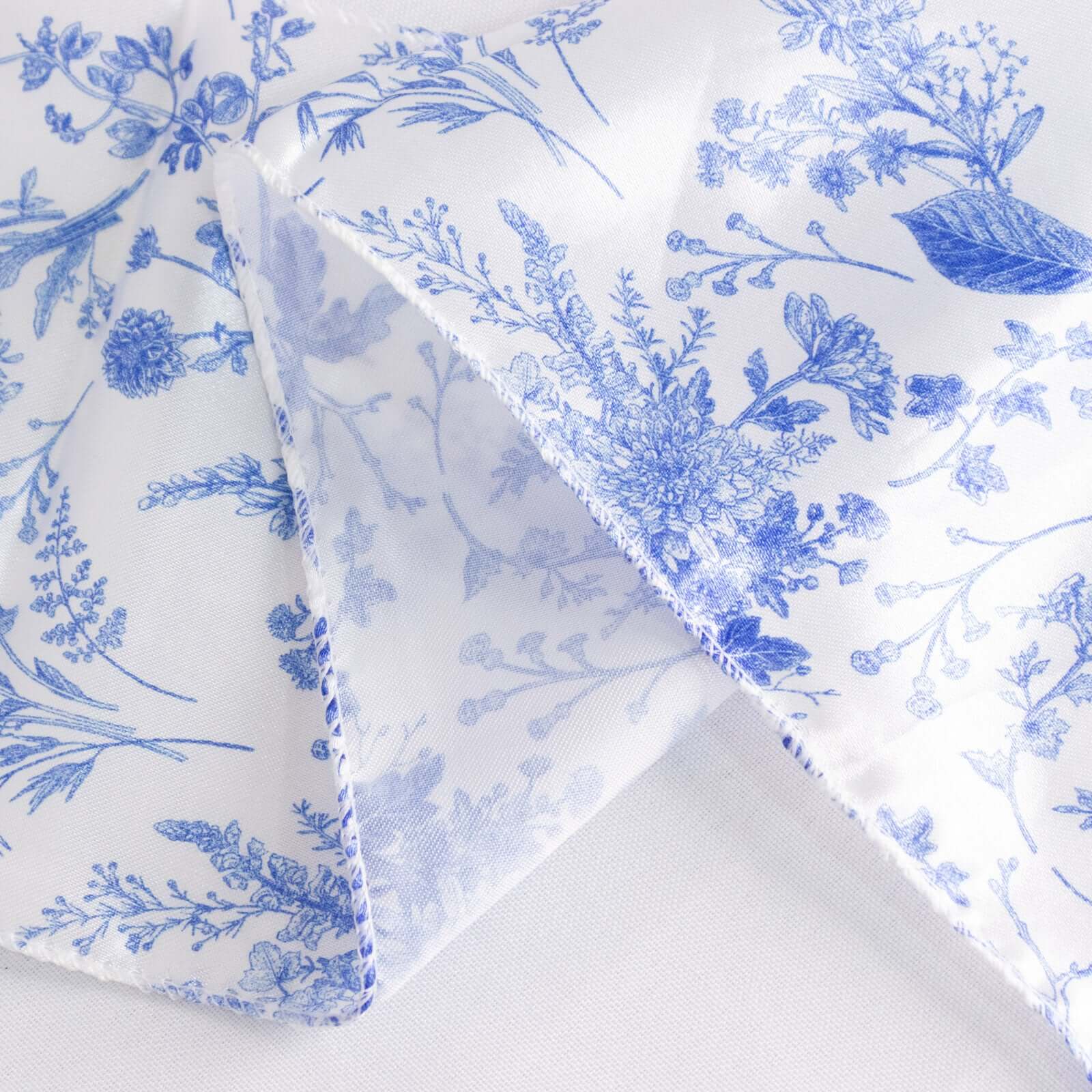 Satin Round 90x156 Tablecloth White/Blue French Toile Design - Seamless Stylish & Wrinkle-Resistant Table Cover