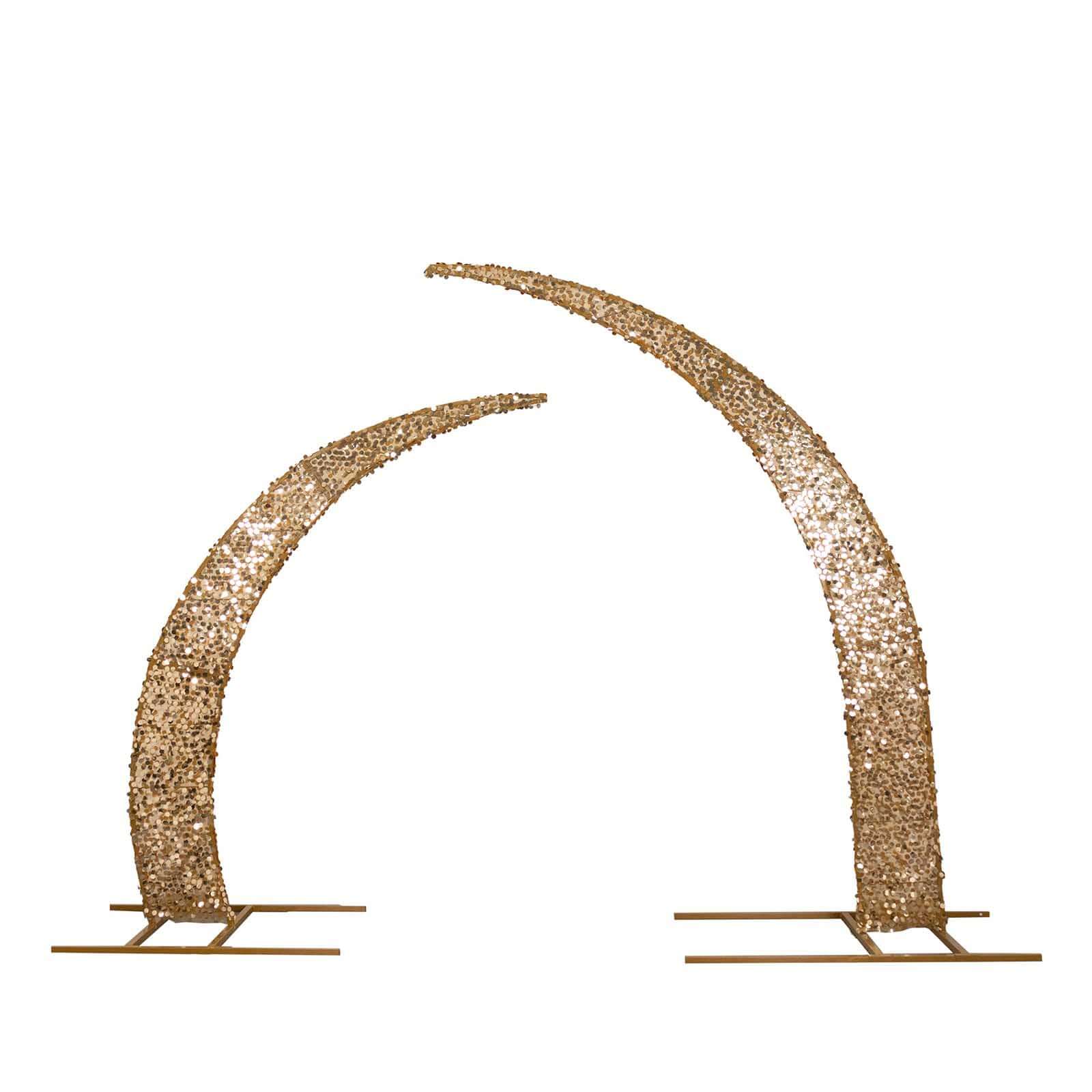 Set of 2 Gold Big Payette Sequin Backdrop Stand Cover for Half Crescent Moon Wedding Arch, Sparkly Double Sided - 6.5ft, 8ft