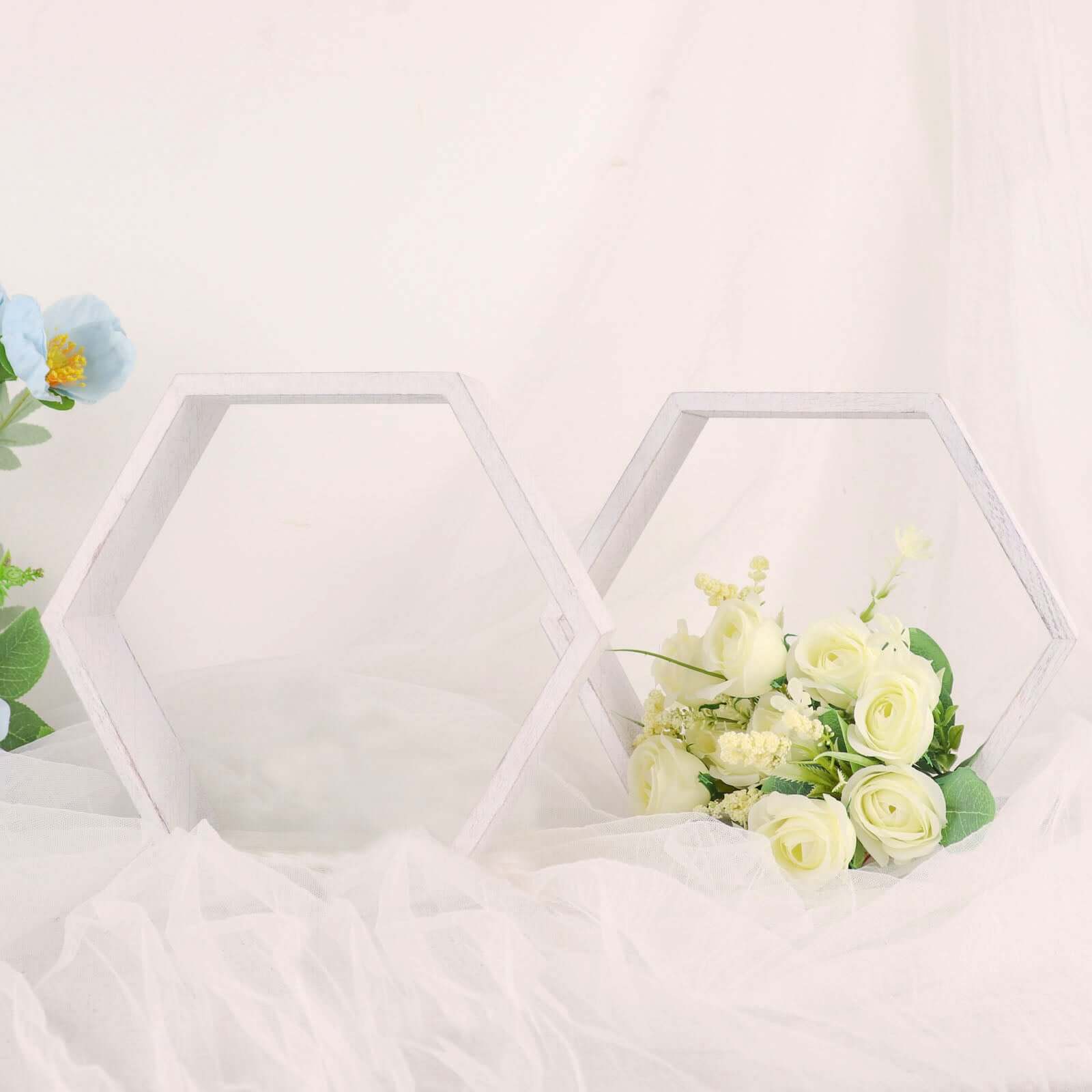 2 Pack 9 Hexagon Whitewashed Wood Centerpiece, Geometric Terrarium, Honeycomb Storage Shelf