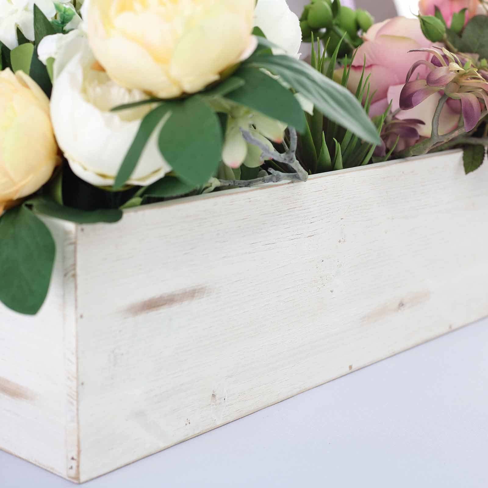 Whitewash Wood Planter Rectangular Box 24x6- Natural Decor with Removable Plastic Liner for Tables