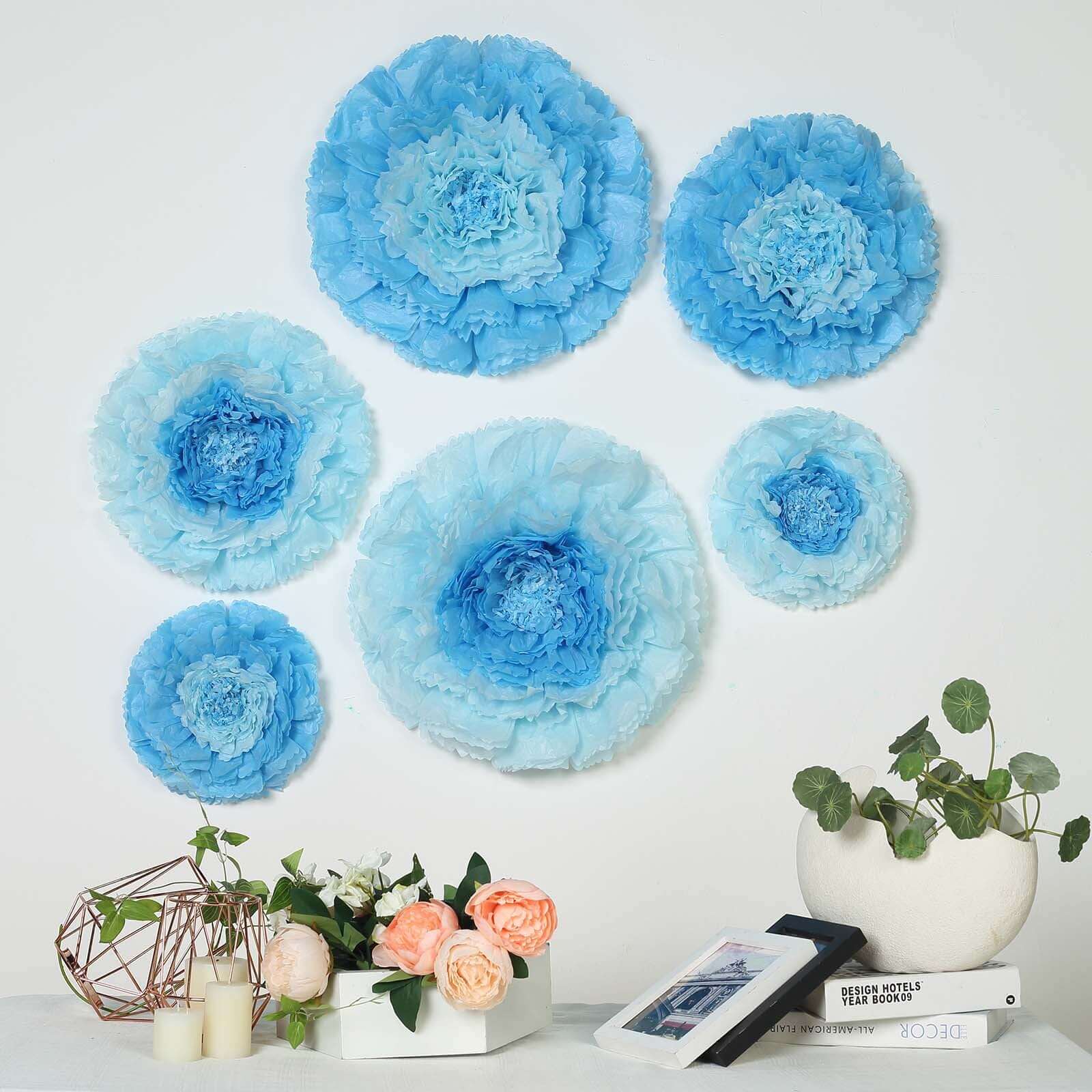 Set of 6 Aqua Blue Giant Carnation 3D Paper Flowers Wall Decor - 12,16,20