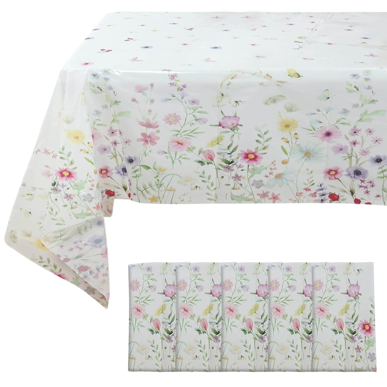 5-Pack Plastic Tablecloths White/Green Spring Floral Rectangle with Wild Flowers Butterfly Print - Durable PVC Disposable Table Covers 54x108