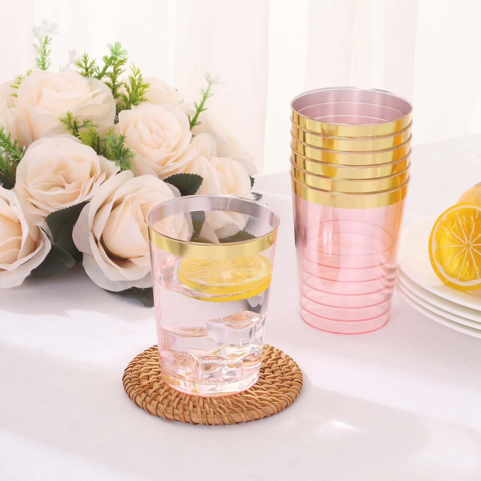 25-Pack Plastic Tumbler Cups Transparent Blush with Gold Rim - Stylish Disposable Party Glasses 10oz