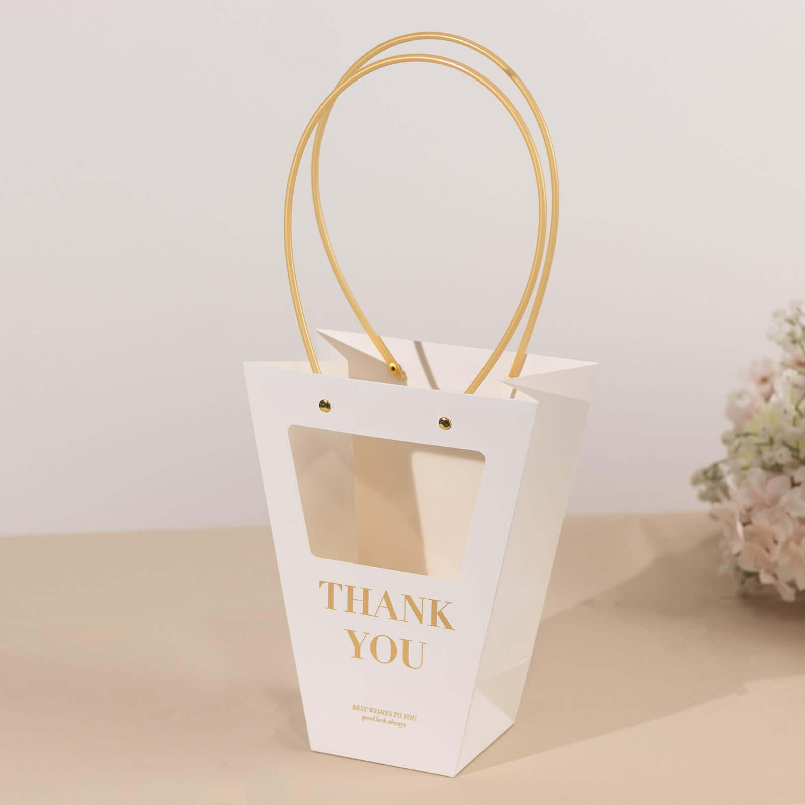 6 Pack Transparent White Paper Flower Gift Bags With Handles, Clear Window Thank You Party Favor Tote Bags in Trapezium Shape - 8x10