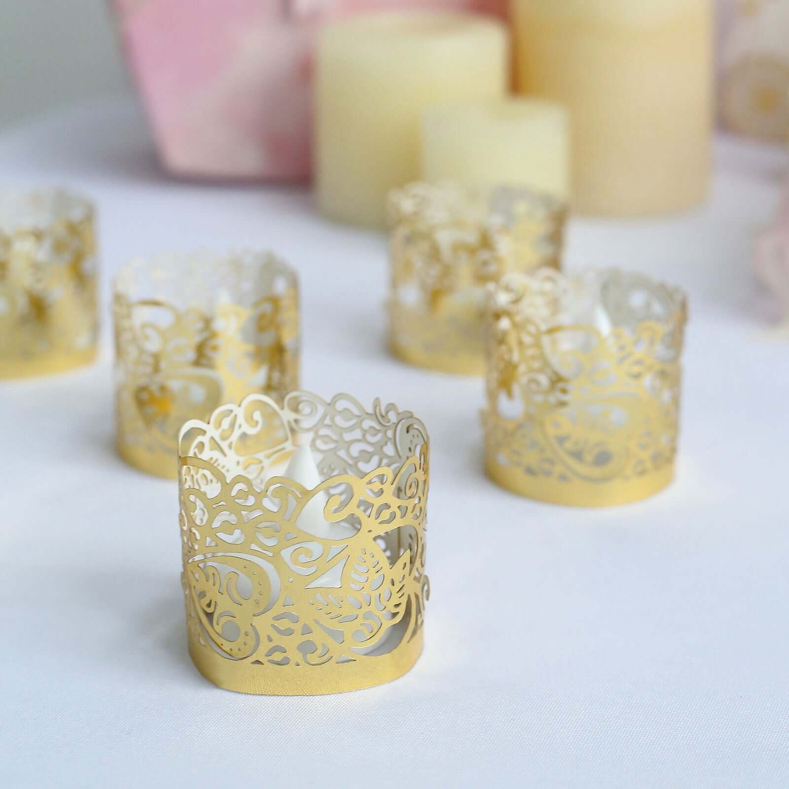 20-Pack Paper Candle Holder Wraps Floral Lace Design Gold Foil - Votive Tealight Decorative Wraps