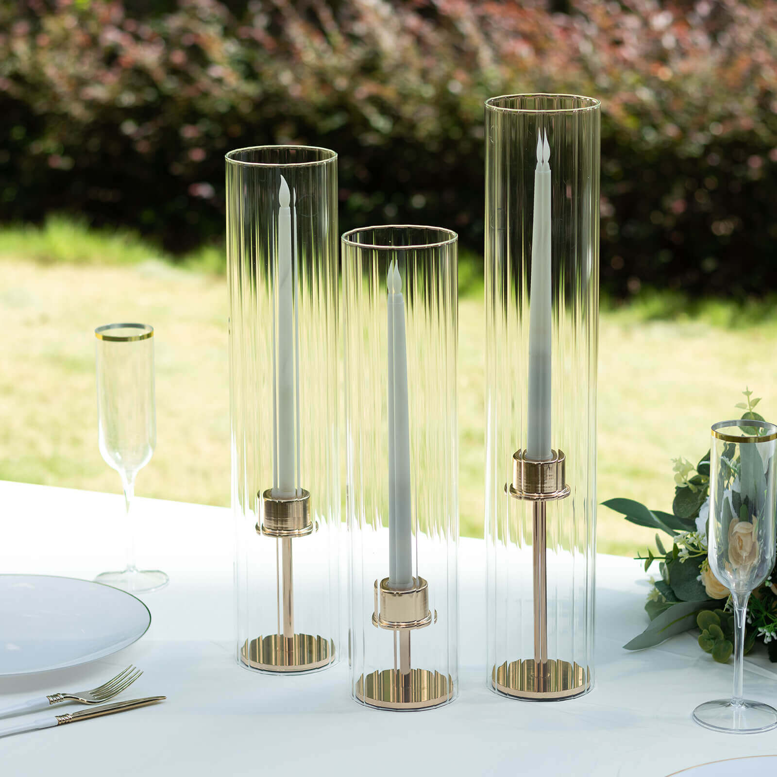 Set of 3 Clear Ribbed Glass Hurricane Shades Open End Design - Stylish Candelabra Pillar Candle Holder Table Centerpiece 15, 17, 19