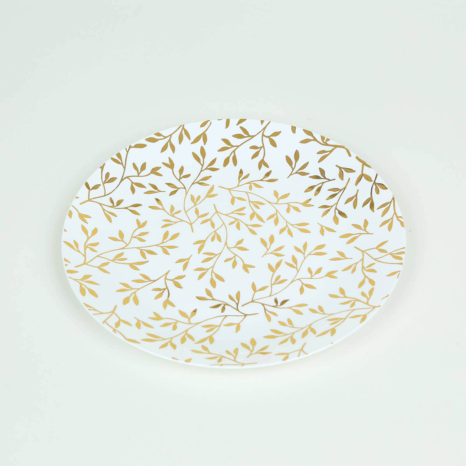 10-Pack Plastic 8 Round Salad Dessert Plates in White with Gold Leaf Design - Heavy Duty Disposable Party Plates for Stylish Events & Memorable Gatherings