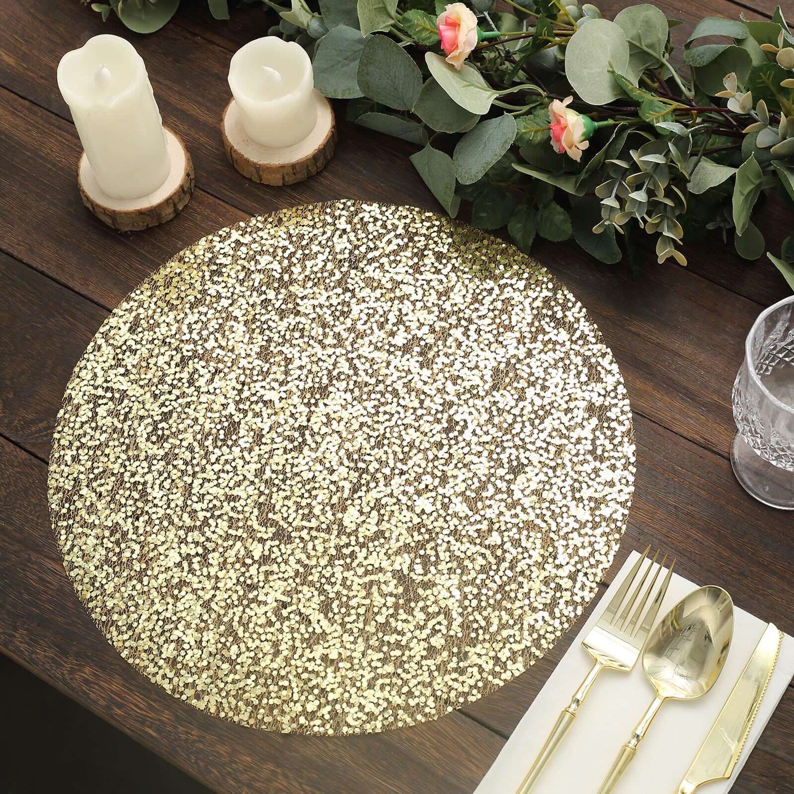 10-Pack Table Placemats Sequin Design Metallic Gold Round - Mesh Disposable Dust-Free Dining Mats 13