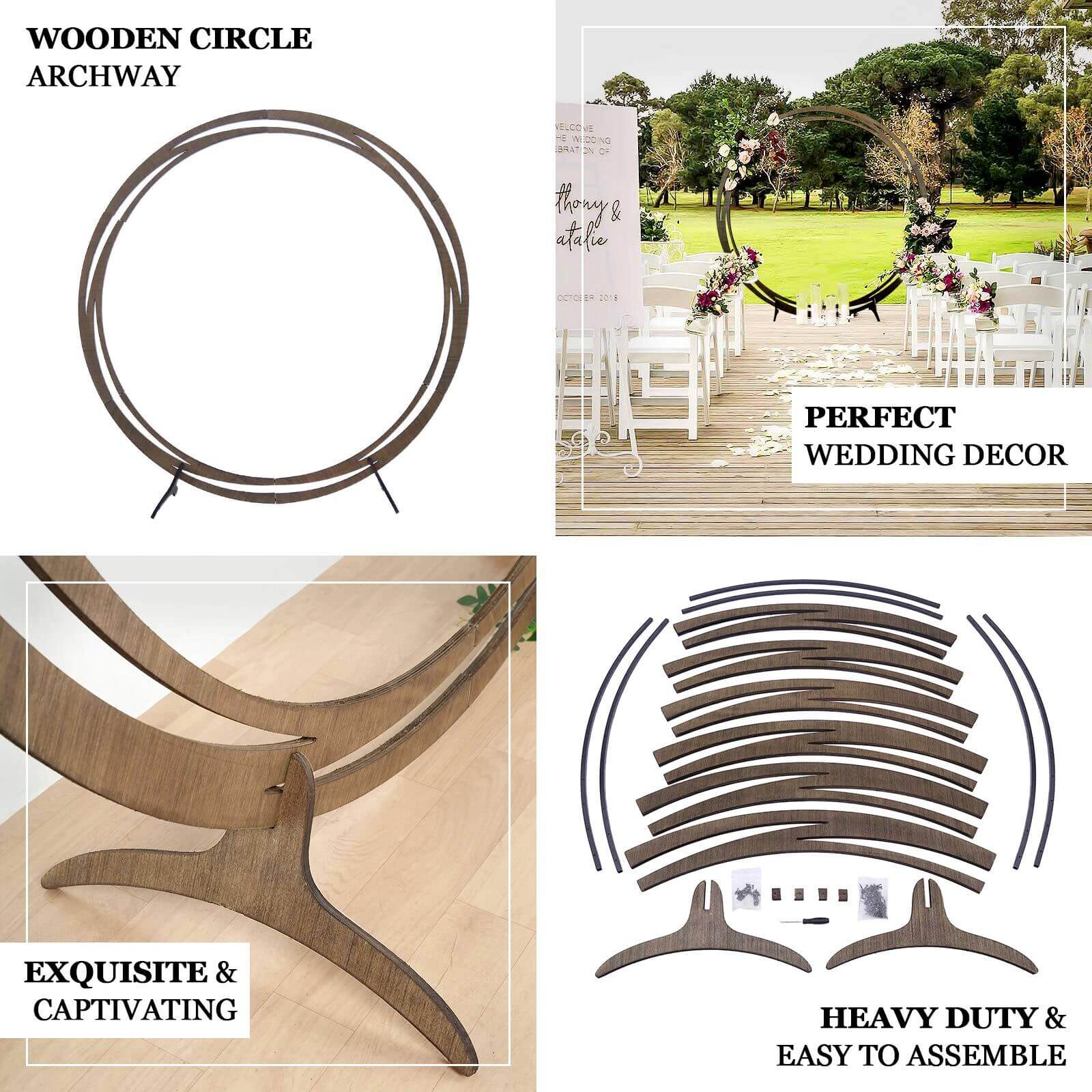 8ft Natural Brown Wood Round Event Party Arbor Backdrop Stand, Rustic DIY Wedding Arch