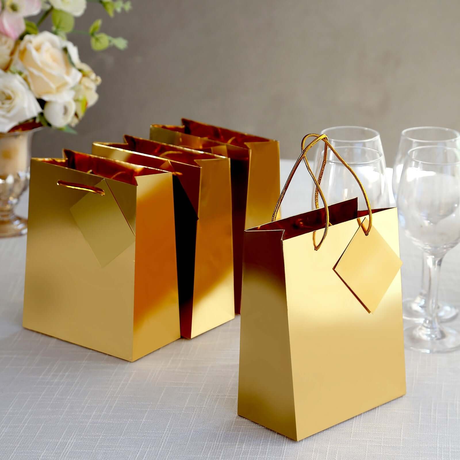 12 Pack Gold Foil Paper Party Favor Gift Bags with Handles, Shiny Metallic Euro Tote Bags - 7