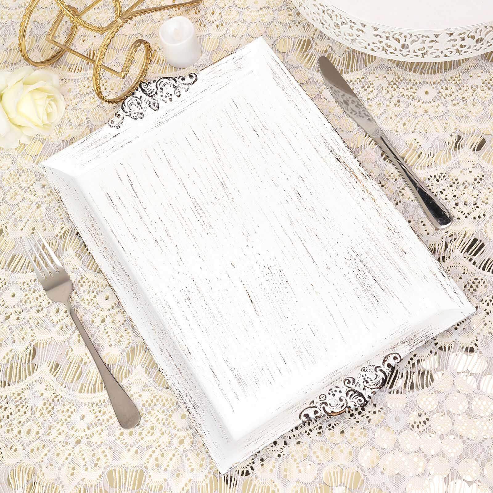 2-Pack Acrylic Rectangle Serving Trays 14x10 in White Wash with Embossed Handles, Antique Decorative Dinner Party Food Platters