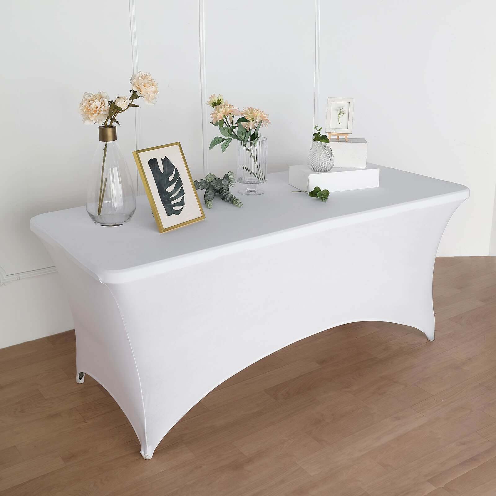 Stretch Spandex 72x30 Rectangular Table Cover White with Curved Open Back Design Tailored Professional Look for Tradeshows, Events & Exhibitions