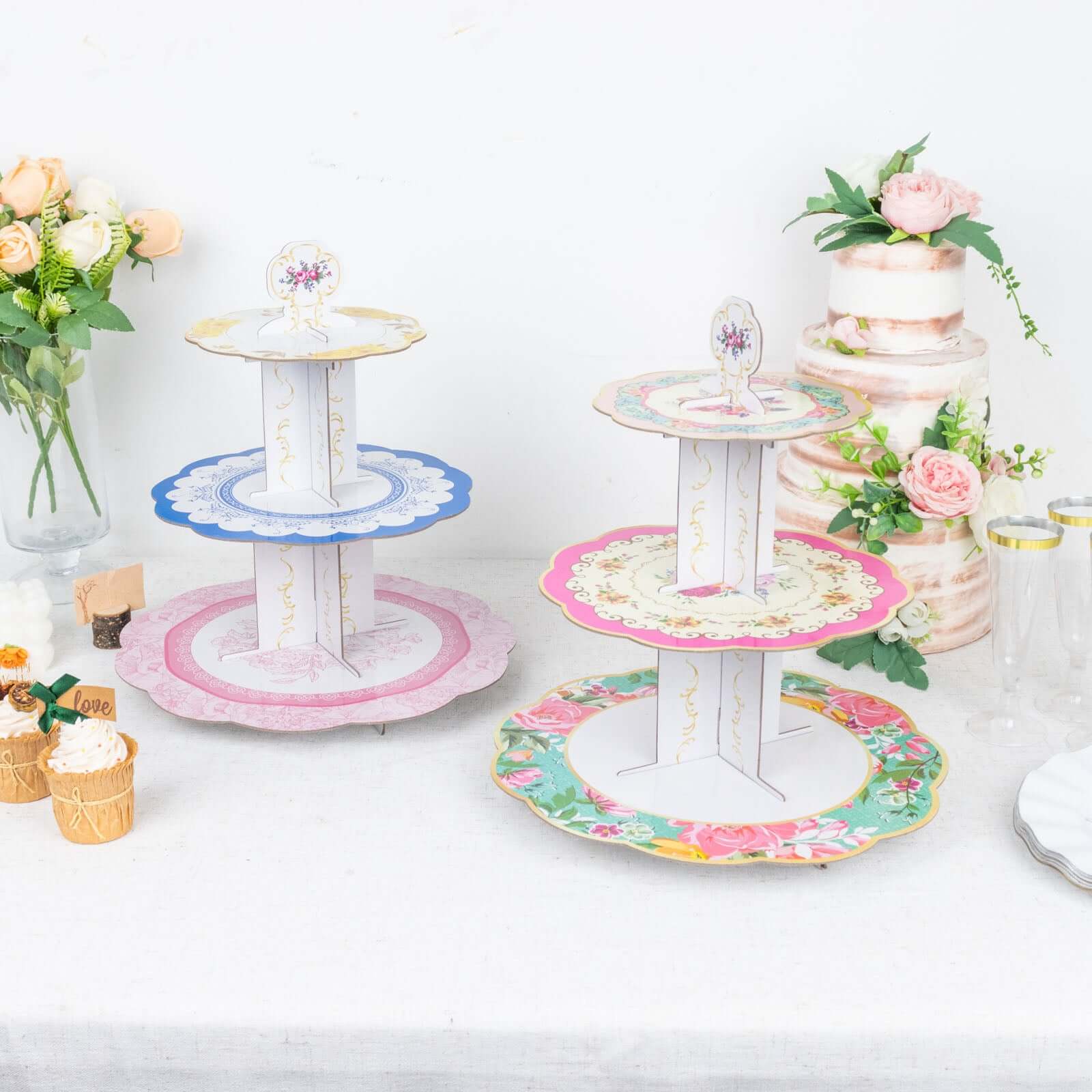 2-Pack Cardboard Round Cupcake Stand Assorted Floral Design - 3-Tier Reusable Dessert Display Pedestal With Scalloped Edges for Garden-Themed Celebrations 14