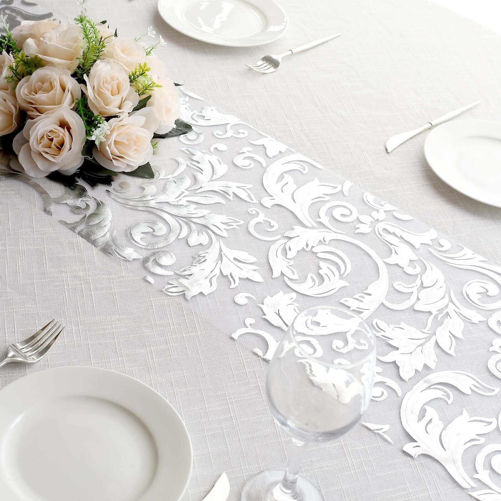 Sheer Organza 12x108 Table Runner Roll Metallic Silver Foil Floral Swirl Design - Disposable Stylish Event Decoration