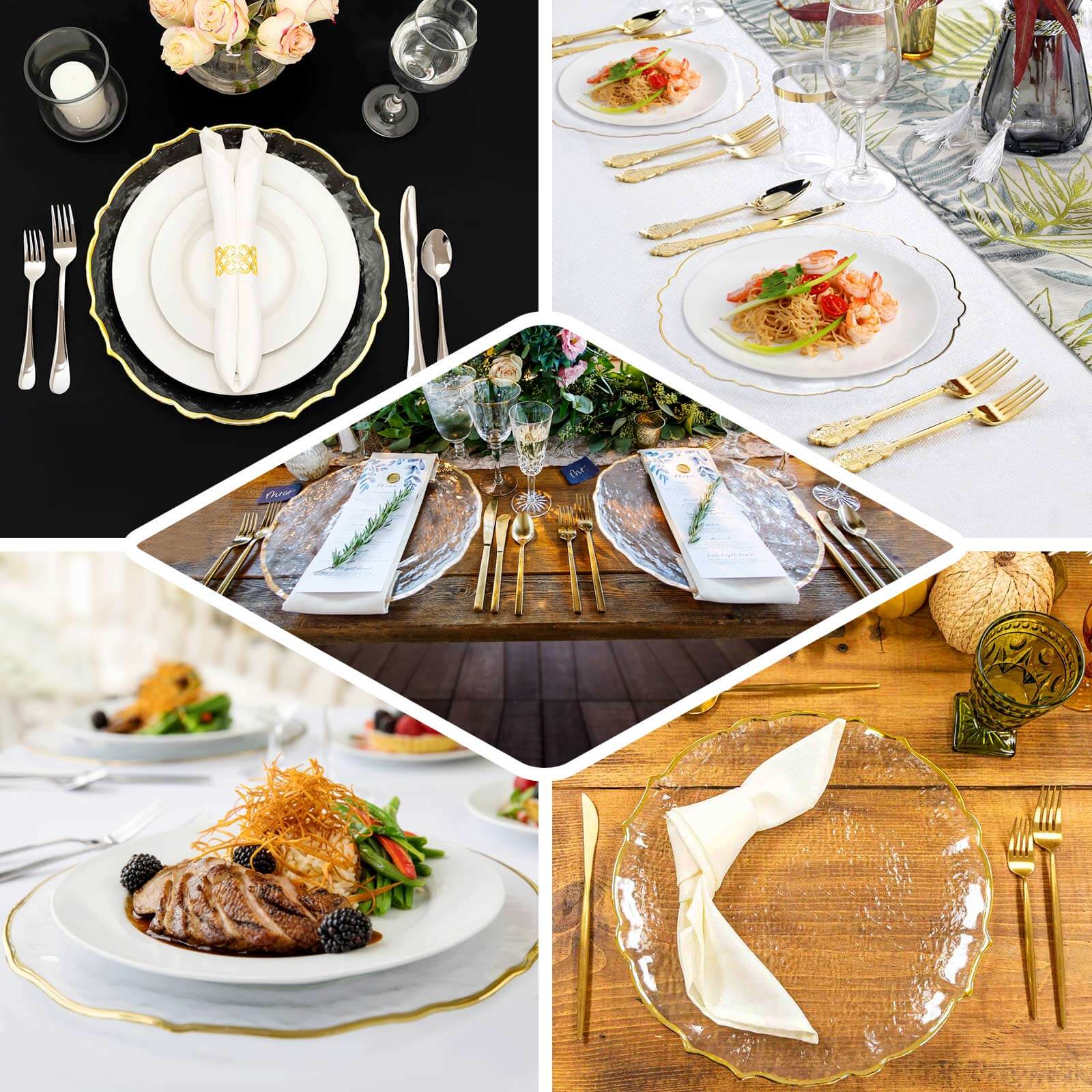 8-Pack Glass Round Charger Plates 13 in Clear with Gold Sunflower Scalloped Rim, Decorative Dinner Chargers