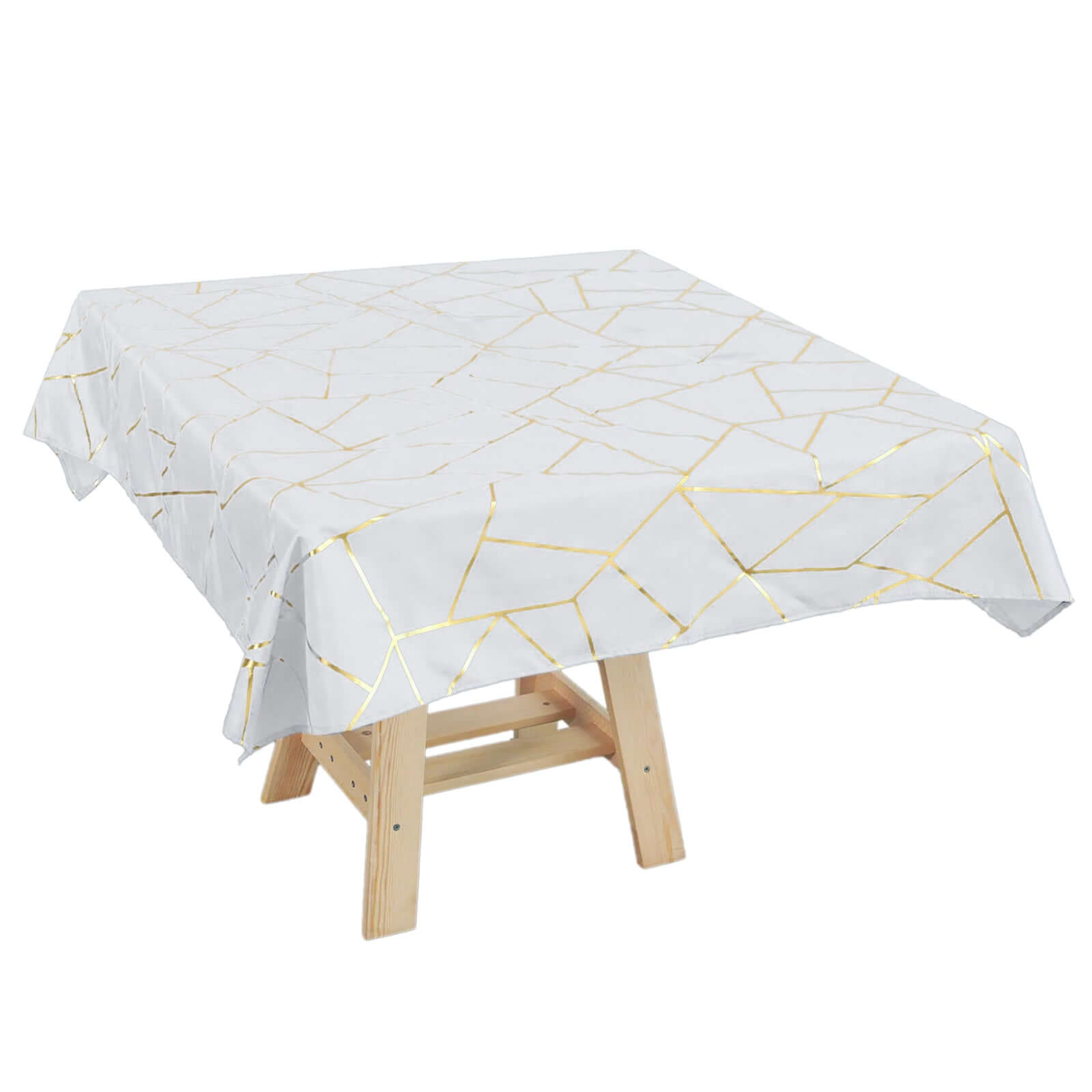 Polyester 54x54 Square Tablecloth White with Gold Foil Geometric Pattern - Wrinkle-Resistant & Durable for Stylish Settings