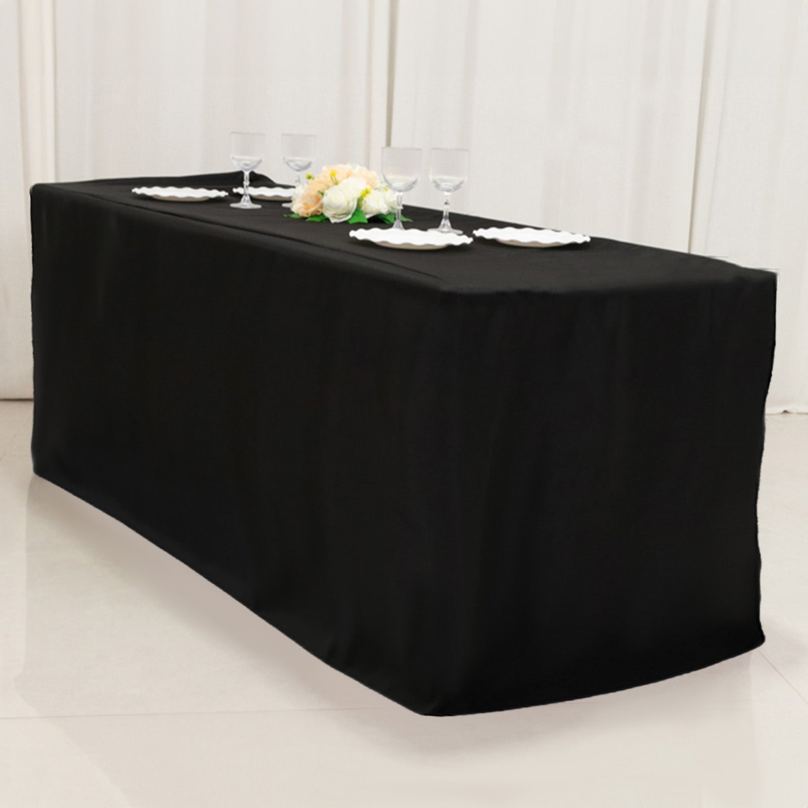 Fitted Polyester 72x24x42 Rectangle Tablecloth Black - Secure Fit for Elevated Tables