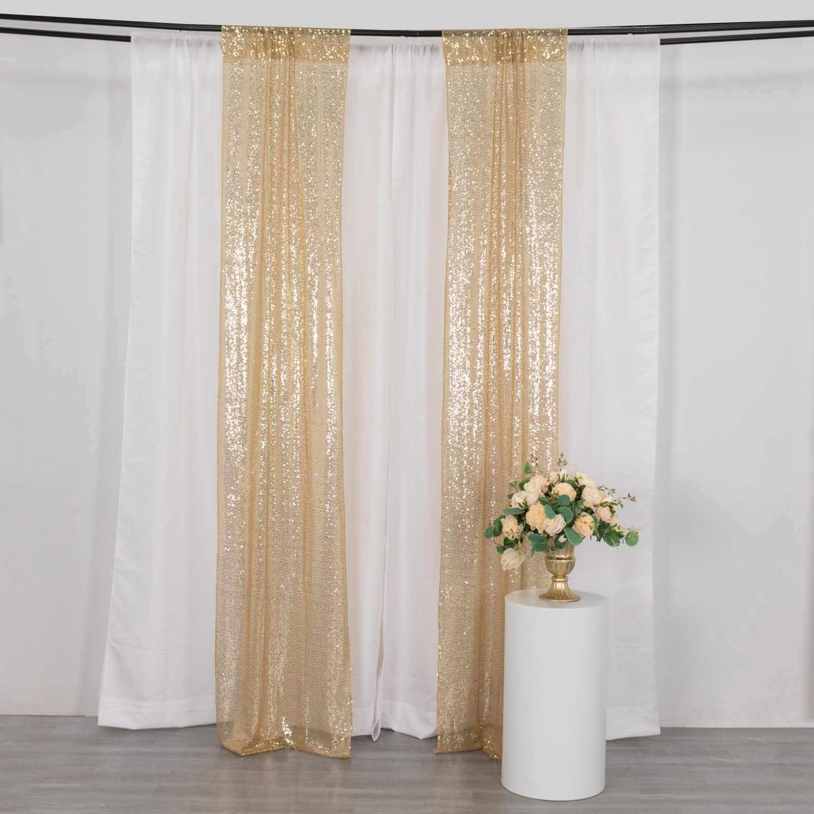 2 Pack Champagne Sequin Event Curtain Drapes with Rod Pockets, Seamless Backdrop Event Panels - 8ftx2ft