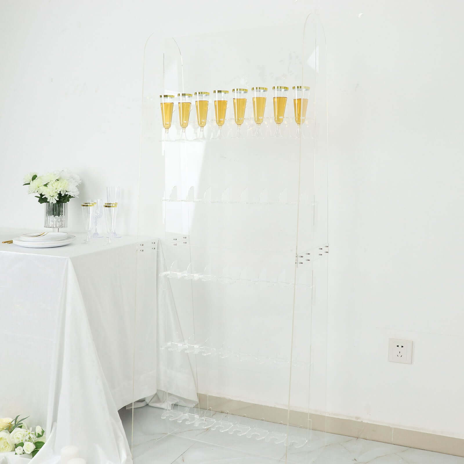 5-Tier Acrylic Champagne Wall Glass Holder Clear, 40 Stemware Rack Cocktail Display Drink Organizer for Classy Events & Banquets 5ft