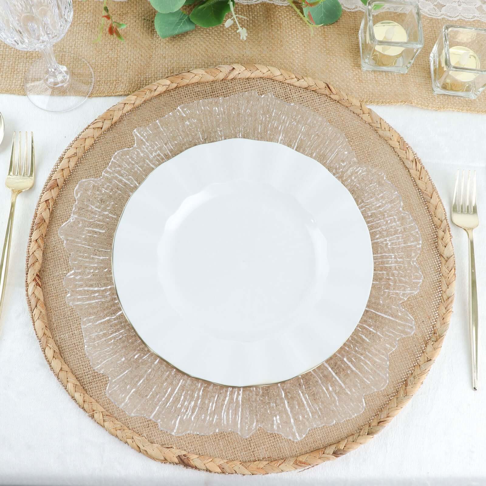 10-Pack Plastic 9 Round Dinner Plates in White Ruffled Rim with Gold Edging - Sturdy Disposable Dinnerware for Classy Events & Banquets