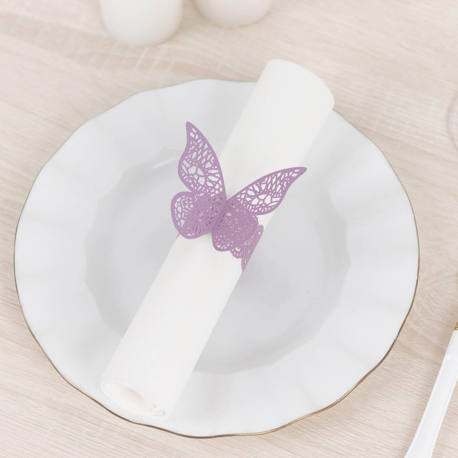 12-Pack Paper Napkin Rings Laser Cut Butterfly Lavender Shimmery - Decorative Serviette Holders