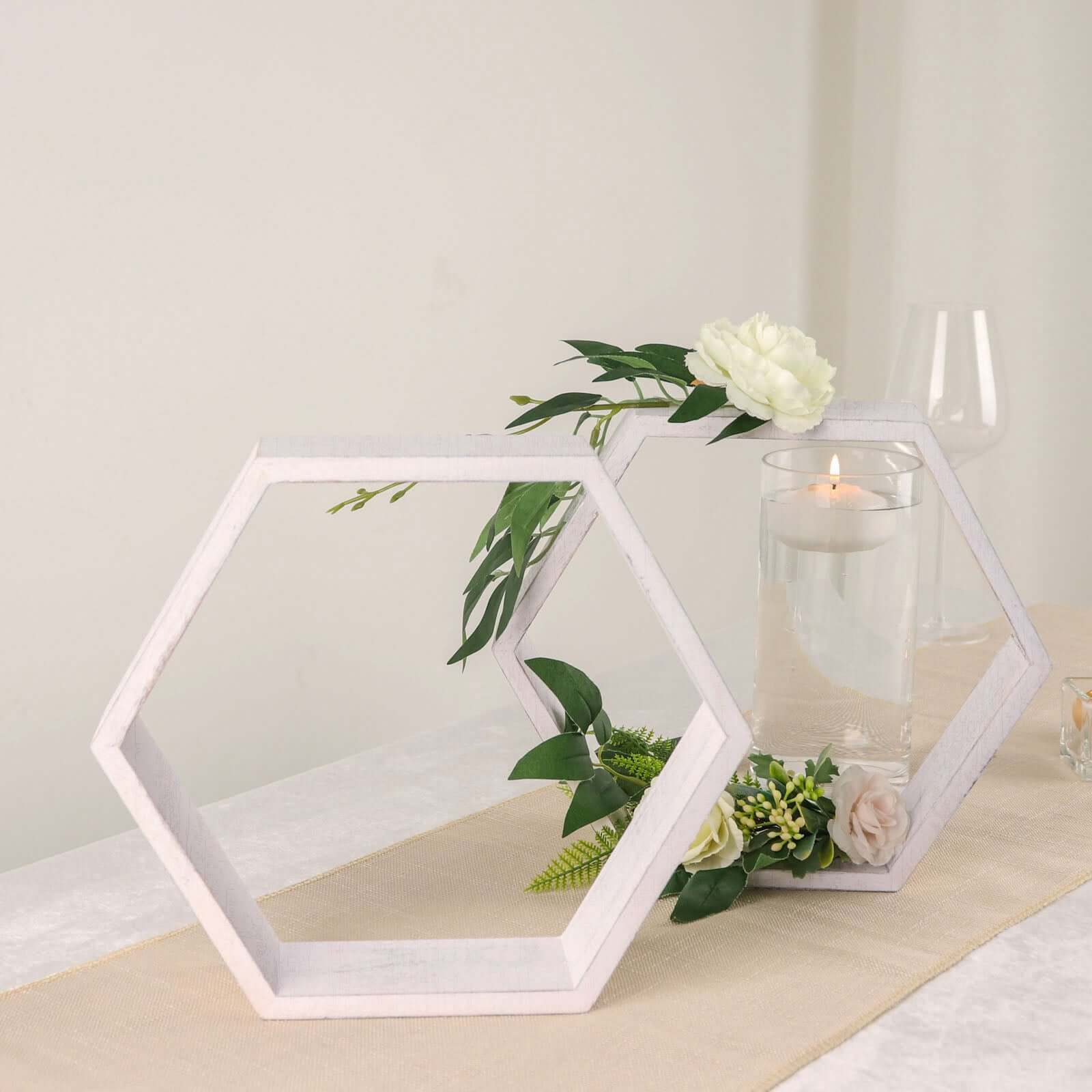 2 Pack 9 Hexagon Whitewashed Wood Centerpiece, Geometric Terrarium, Honeycomb Storage Shelf