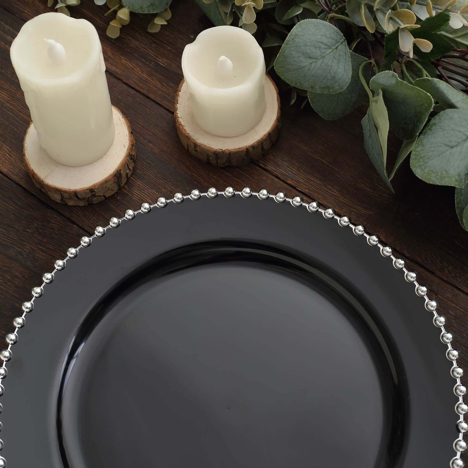 10-Pack Plastic 10 Round Dinner Plates in Black with Silver Beaded Rim - Disposable Party Plates