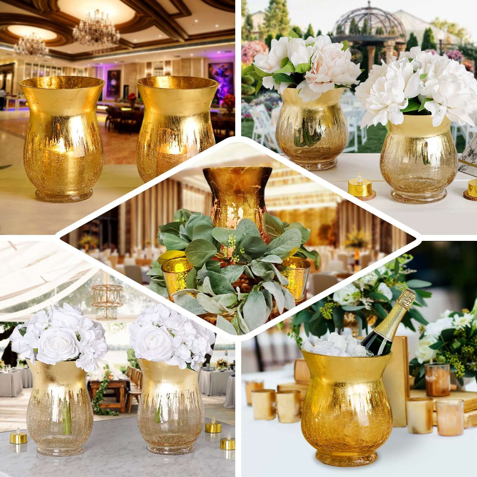 2-Pack Glass Hurricane Vases Bell Shaped Crackle Gold Curvy Design - Decorative Candle Holder Centerpieces 6