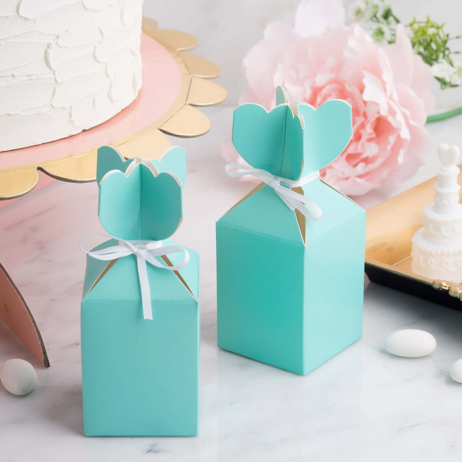 25 Pack Turquoise Floral Top Satin Ribbon Party Favor Candy Gift Box