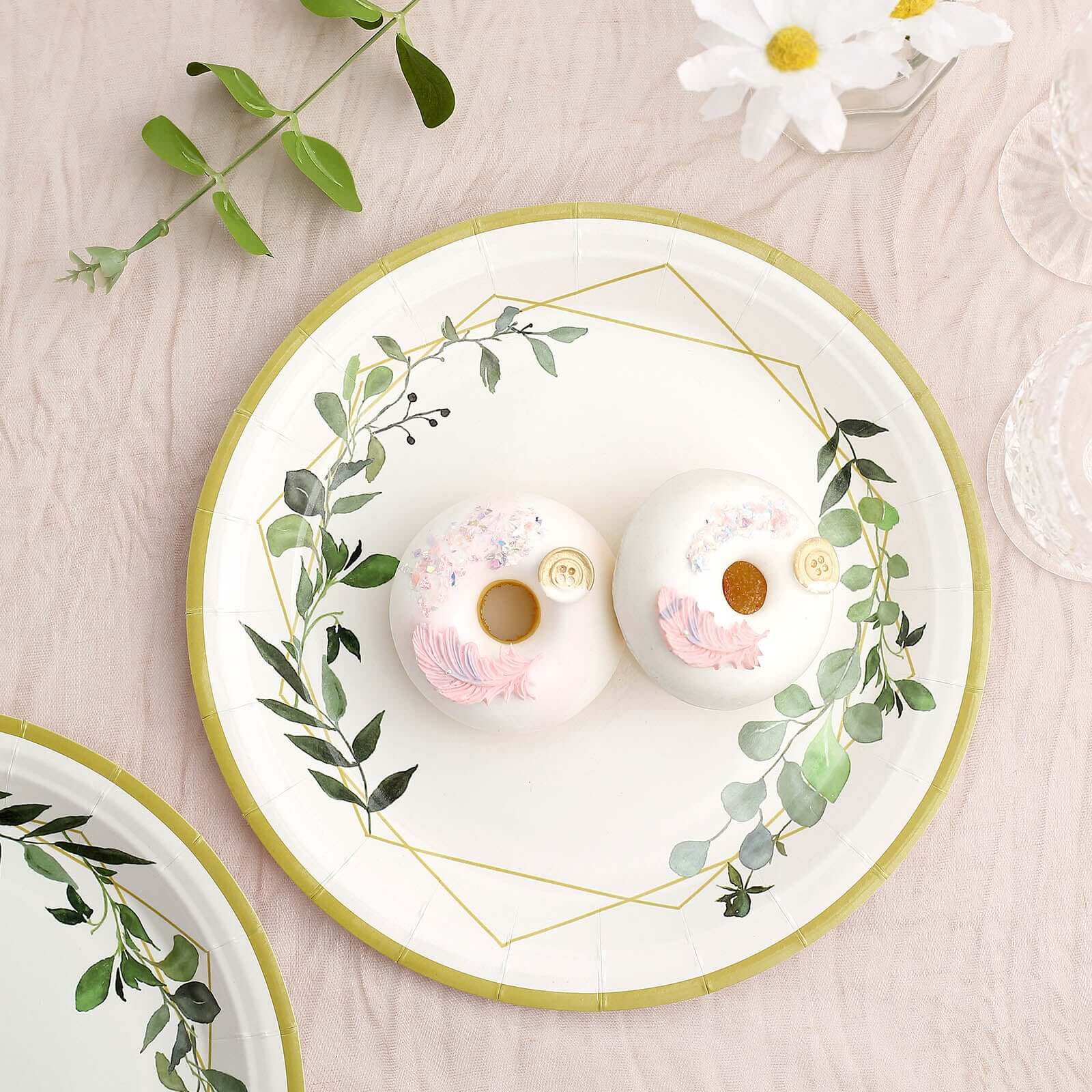 24-Pack Paper 9 Round Dinner Plates in White with Eucalyptus Leaves & Gold Rim - Disposable 300GSM Party Plates for Modern & Nature-Inspired Events