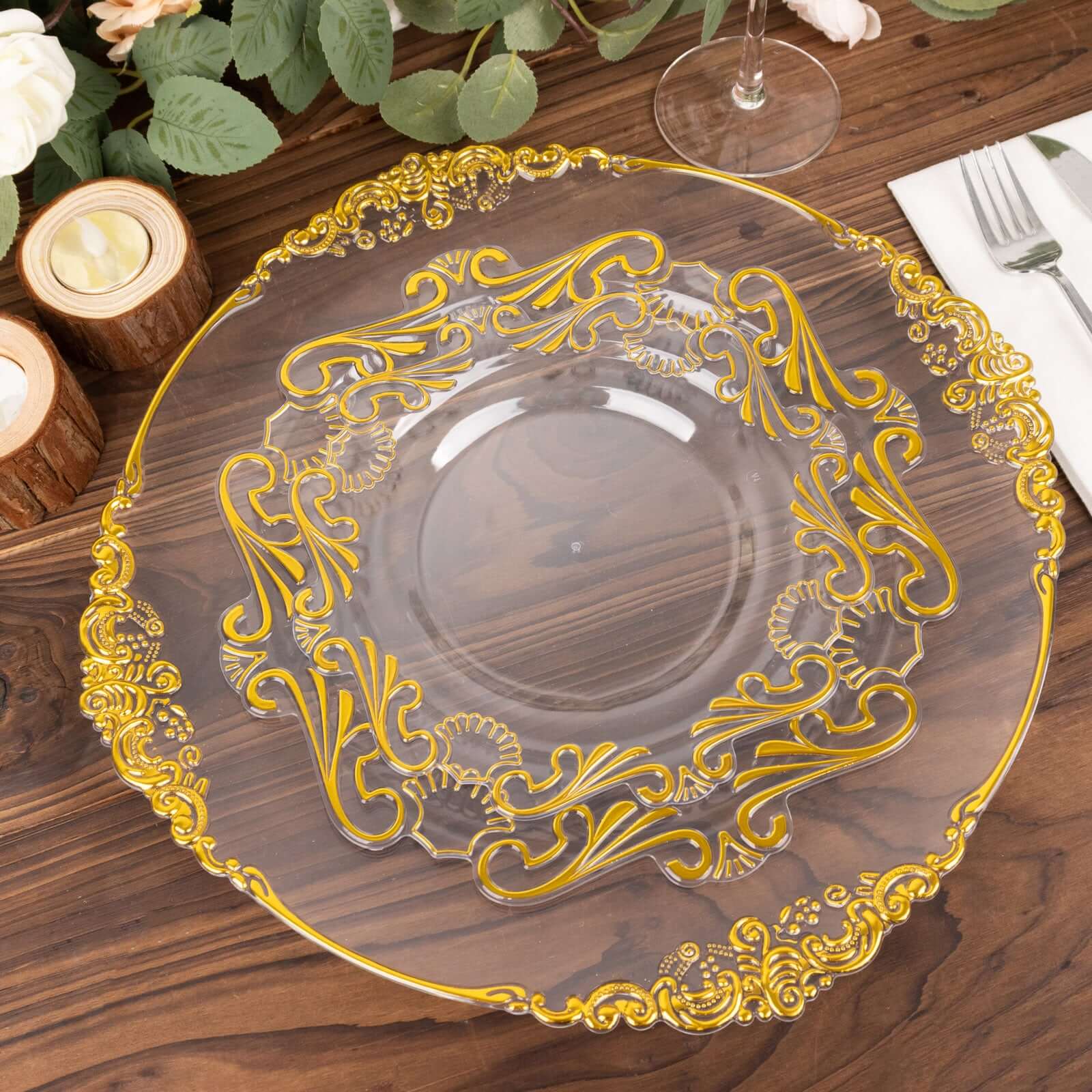 10-Pack Plastic 8 Round Dessert Plates in Clear with Gold Vintage Baroque Scalloped Rim - European Style Disposable Salad Appetizer Plates