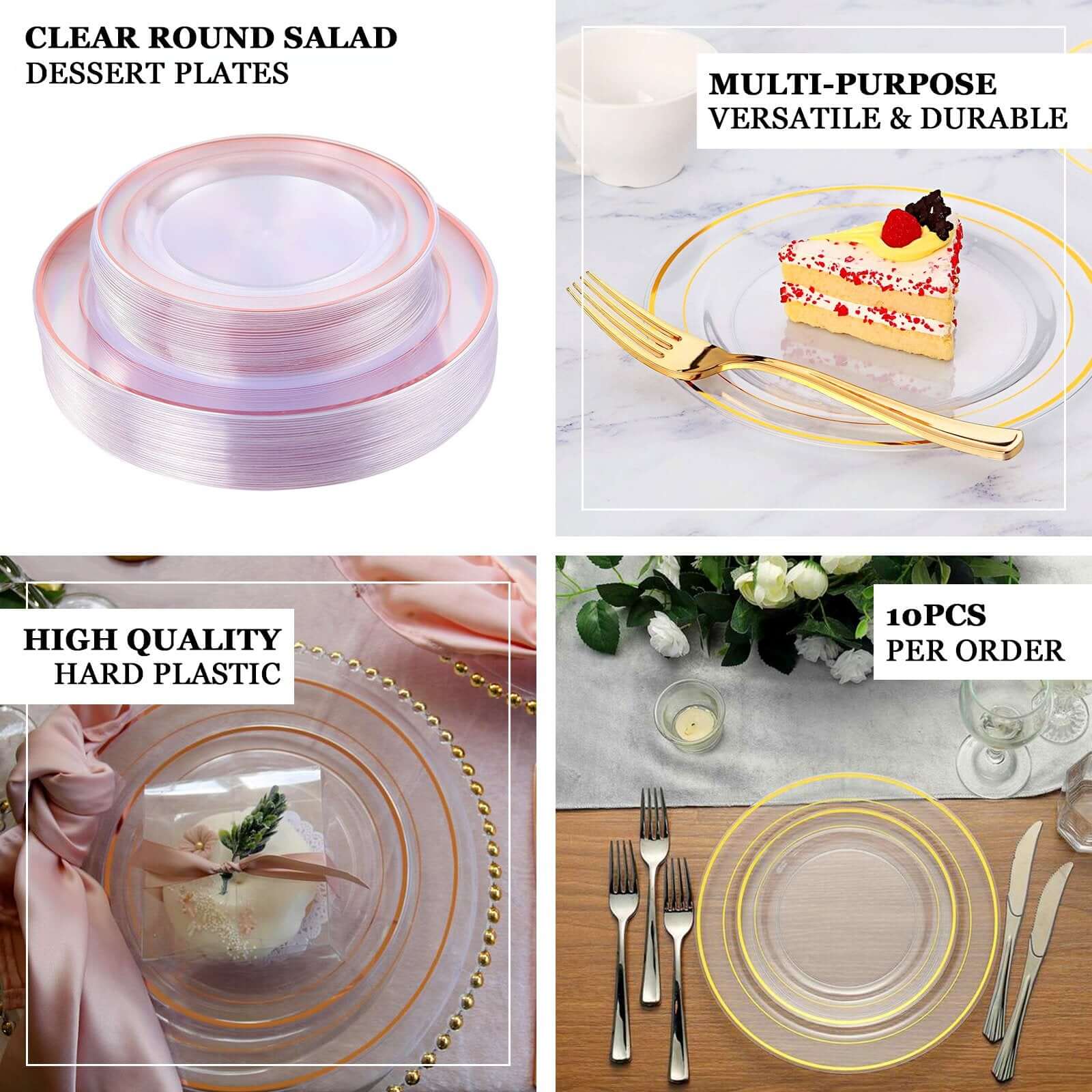 10-Pack Plastic Dinner Plates Clear with Très Chic Gold Rim - Perfect Disposable Party Plates 10