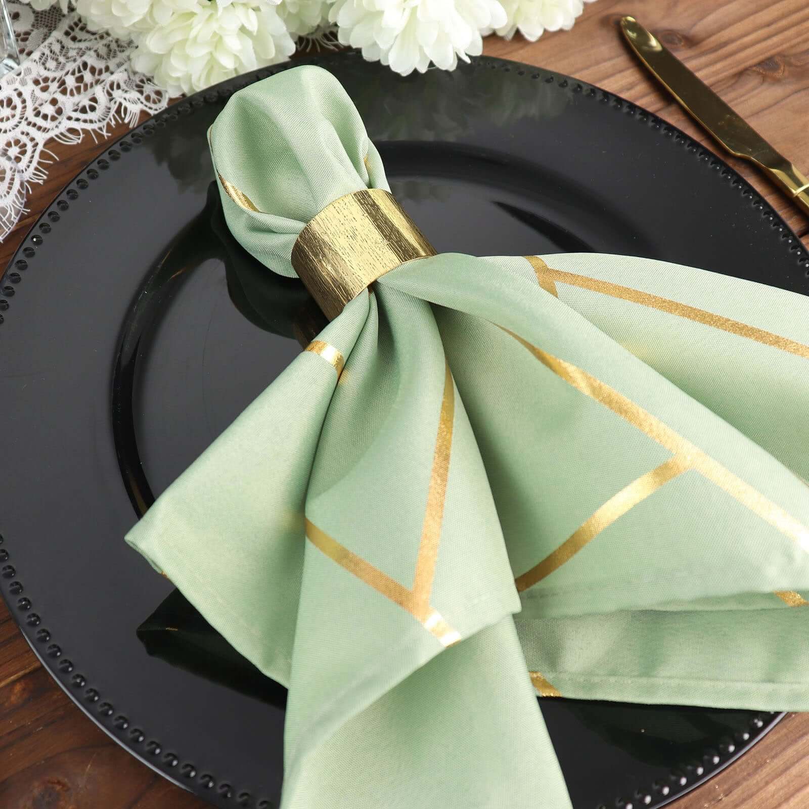 5 Pack Polyester 20x20 Napkins Sage Green with Gold Geometric Foil Pattern - Modern Reusable Dinner Napkins