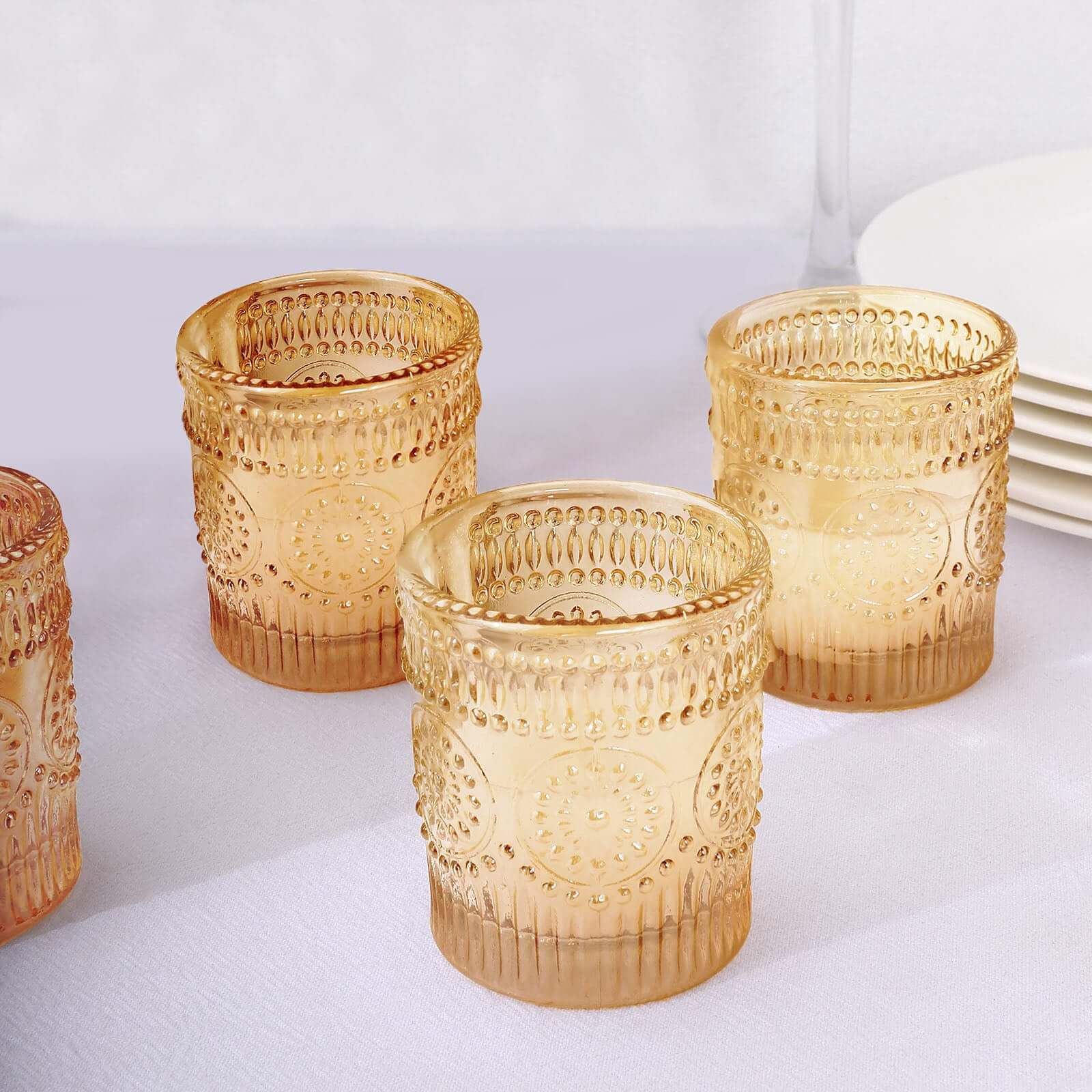 6-Pack Glass Candle Holders Amber Gold Primrose Design - Votive Tealight Holders for Weddings