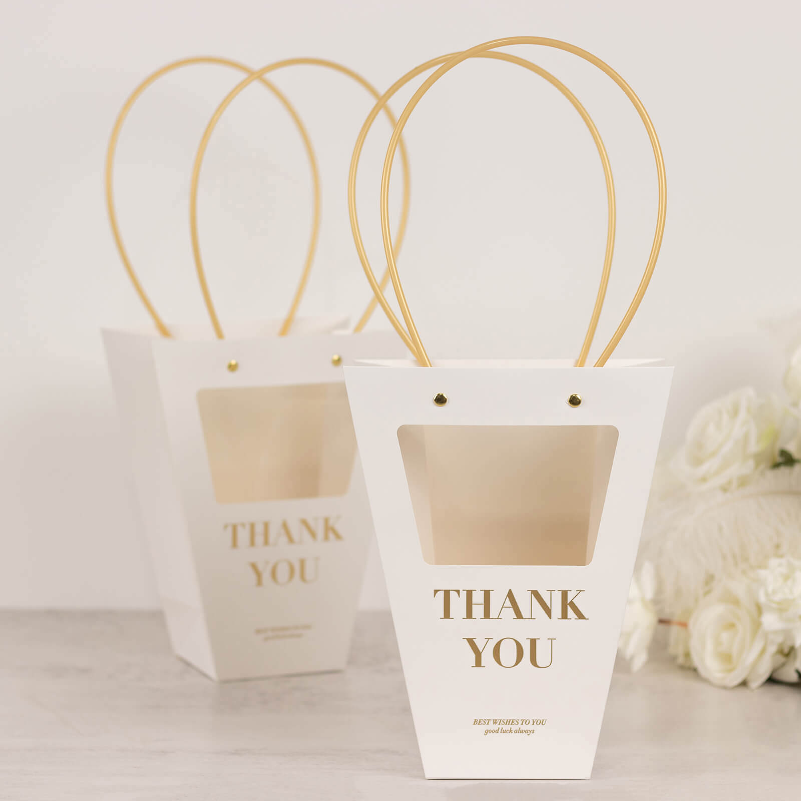 6 Pack Transparent White Paper Flower Gift Bags With Handles, Clear Window Thank You Party Favor Tote Bags in Trapezium Shape - 8x10