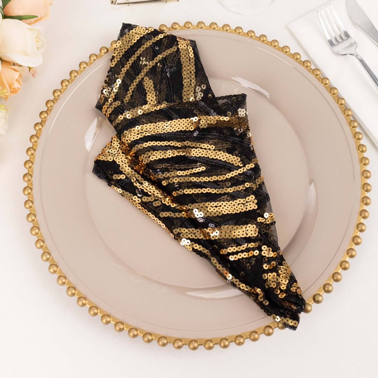 Sequin Mesh 20x20 Napkin Black Gold - Wave Embroidered Reusable Napkin