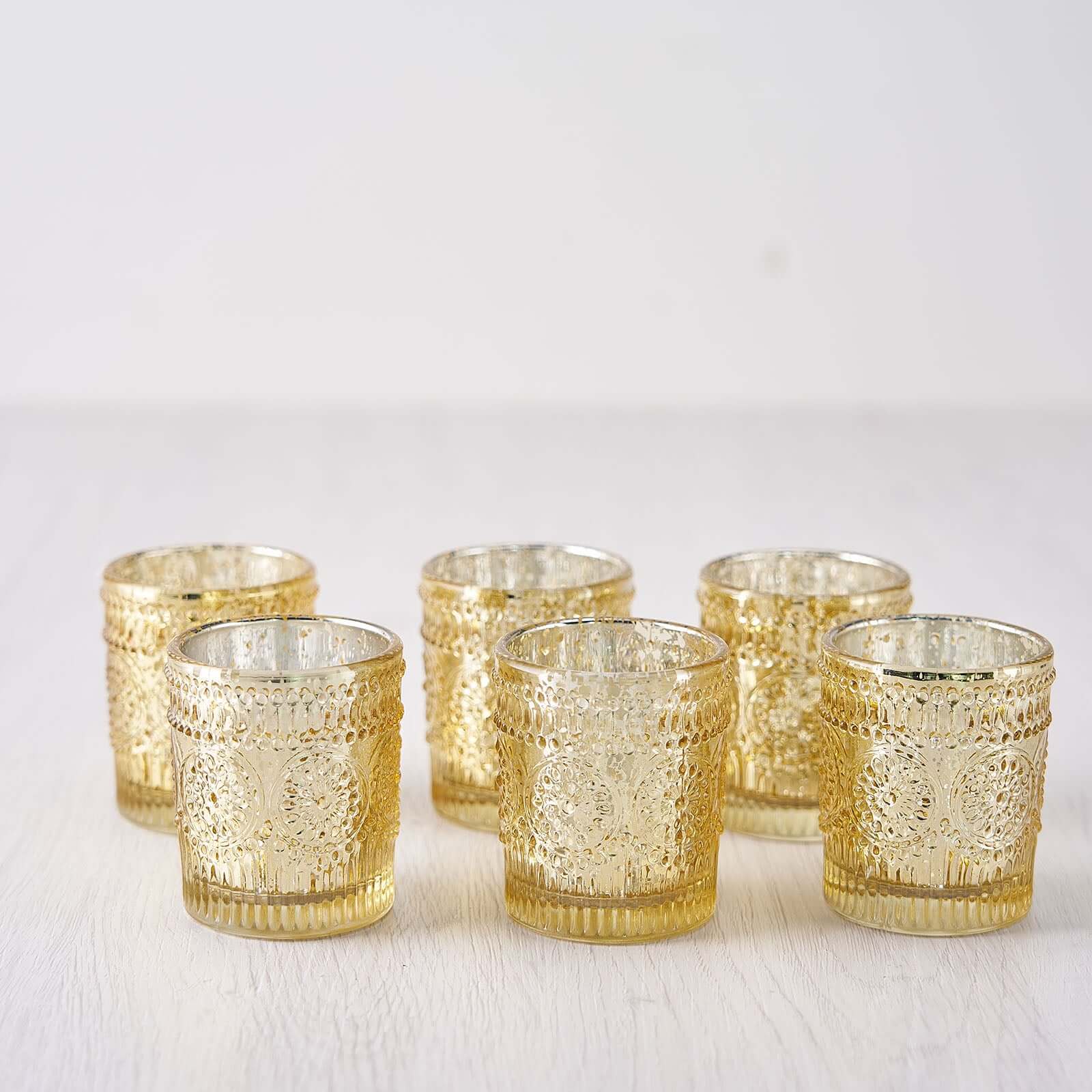 6-Pack Mercury Glass Candle Holders Gold Primrose Design - Votive Tealight Holders for Weddings