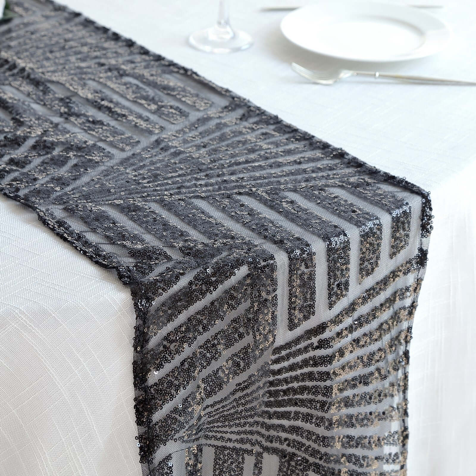 Sequin 12x108 Table Runner Black - Diamond Glitz Design