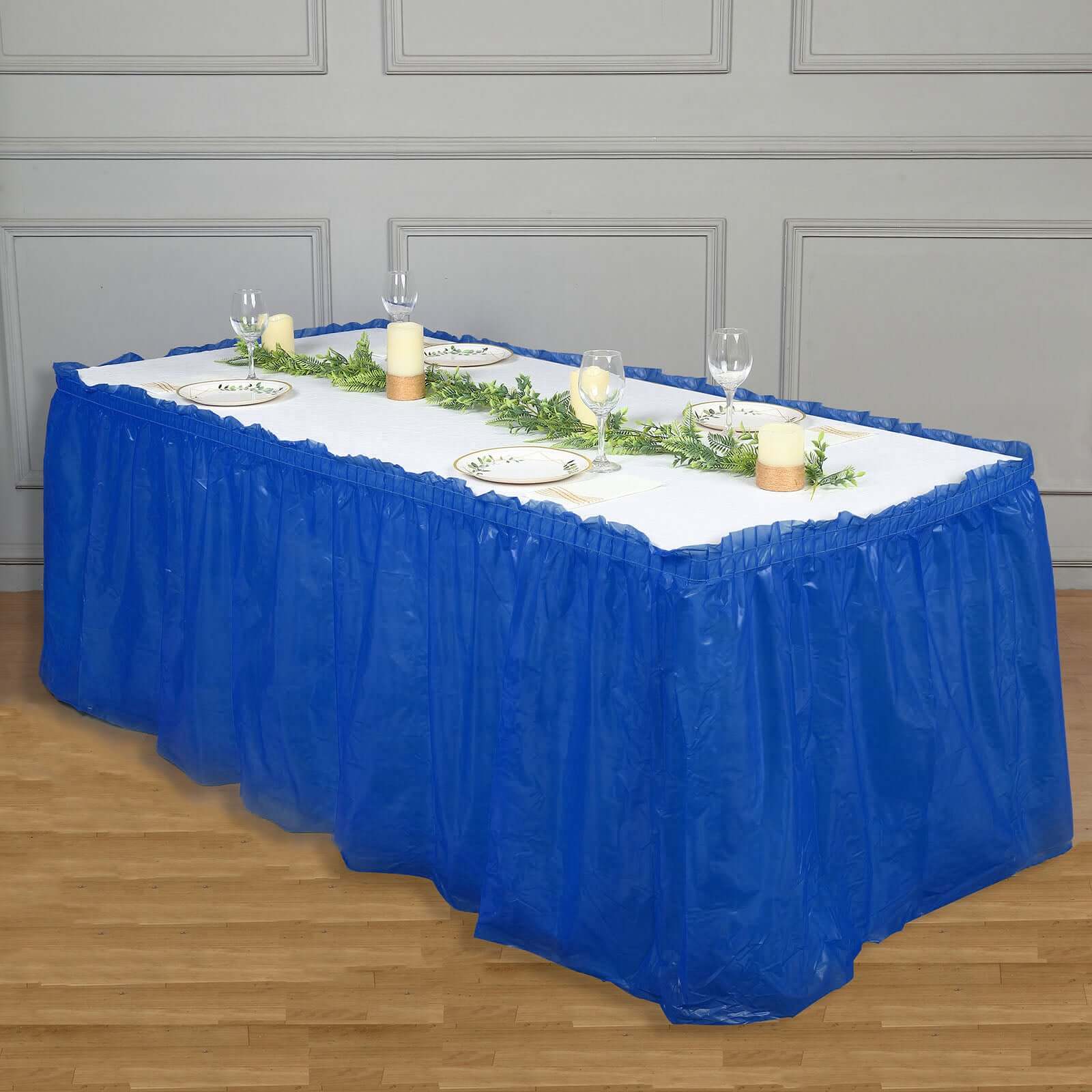 Plastic Table Skirt Royal Blue Ruffled - Durable Disposable Skirt for Events 14ft