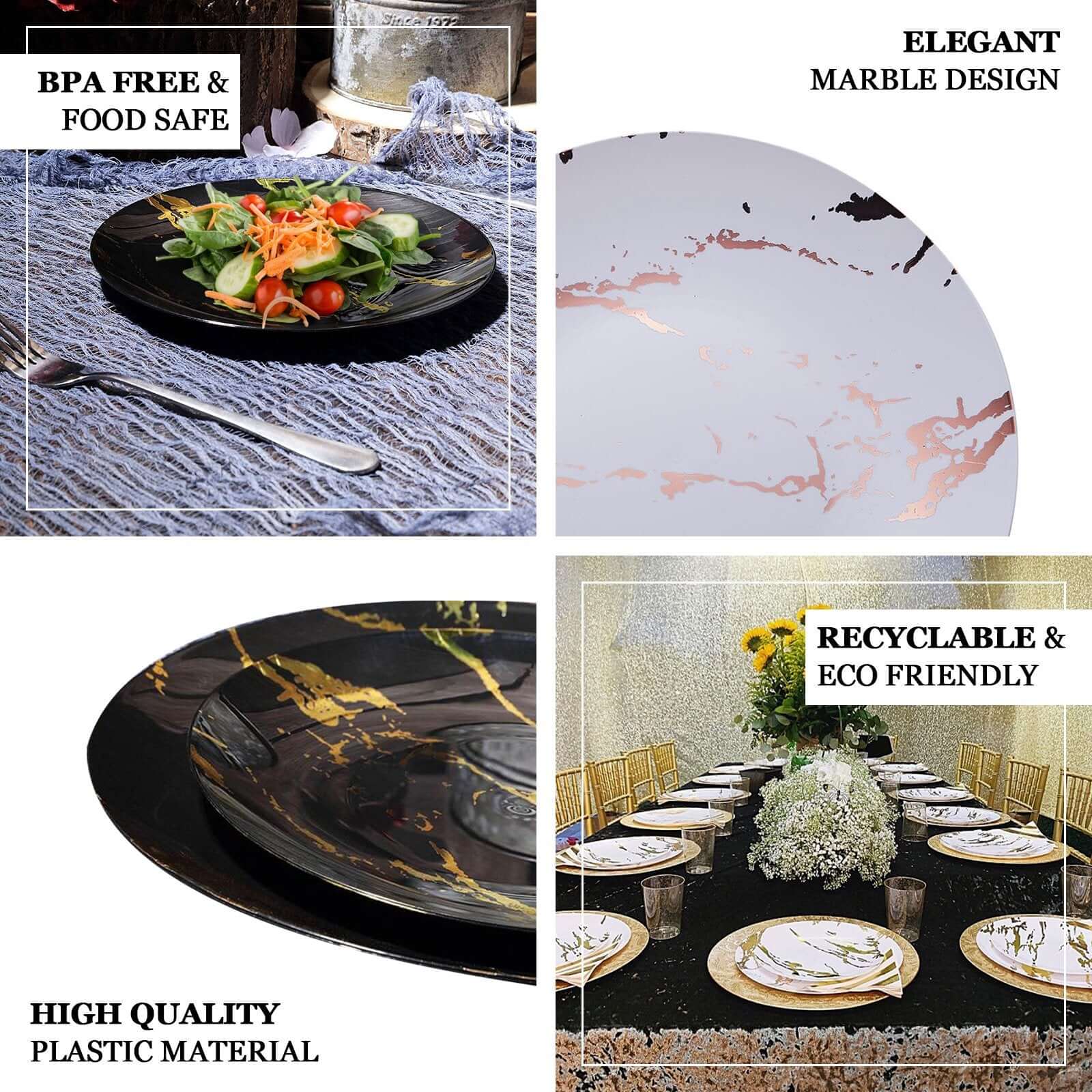 10-Pack Plastic 10 Round Dinner Plates in White with Gold Marble Print - Disposable Party Plates for Chic Banquets & Special Occasions