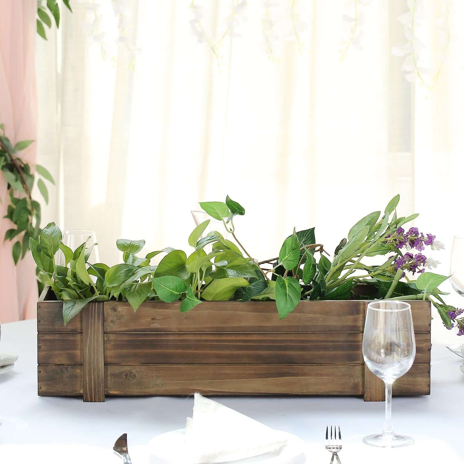 Rustic Wood Planter Box Smoked Brown - Durable Event Decor with Removable Plastic Liner 24x6