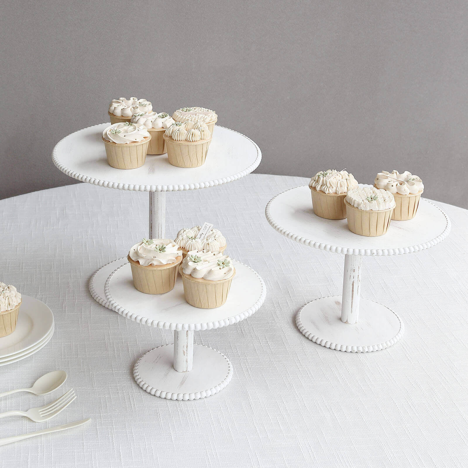 Set of 3 Wooden Pedestal Cake Stands Whitewash with Round Beaded Rim Trays - Stackable Rustic Cupcake Display 8, 10, 12