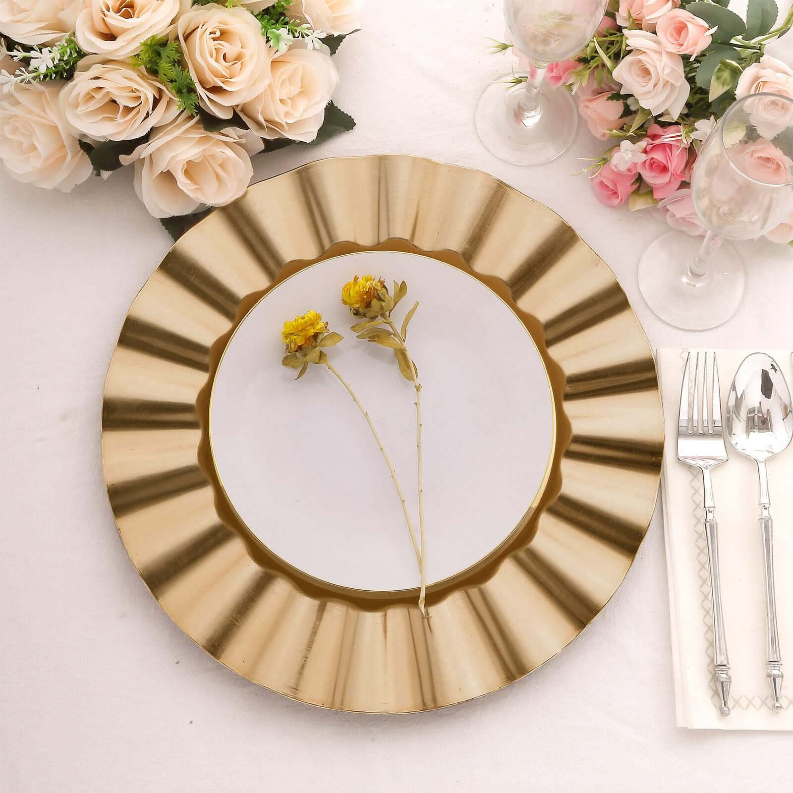 6-Pack Acrylic Plastic Round Charger Plates 13 in Gold with Wavy Scalloped Rim, Decorative Dinner Party Charger Tableware