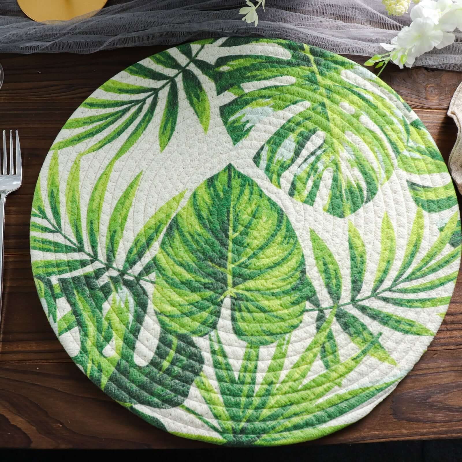 4-Pack Table Placemats Tropical Leaf Design Green Cotton Round - Woven Indoor/Outdoor Dining Mats 15