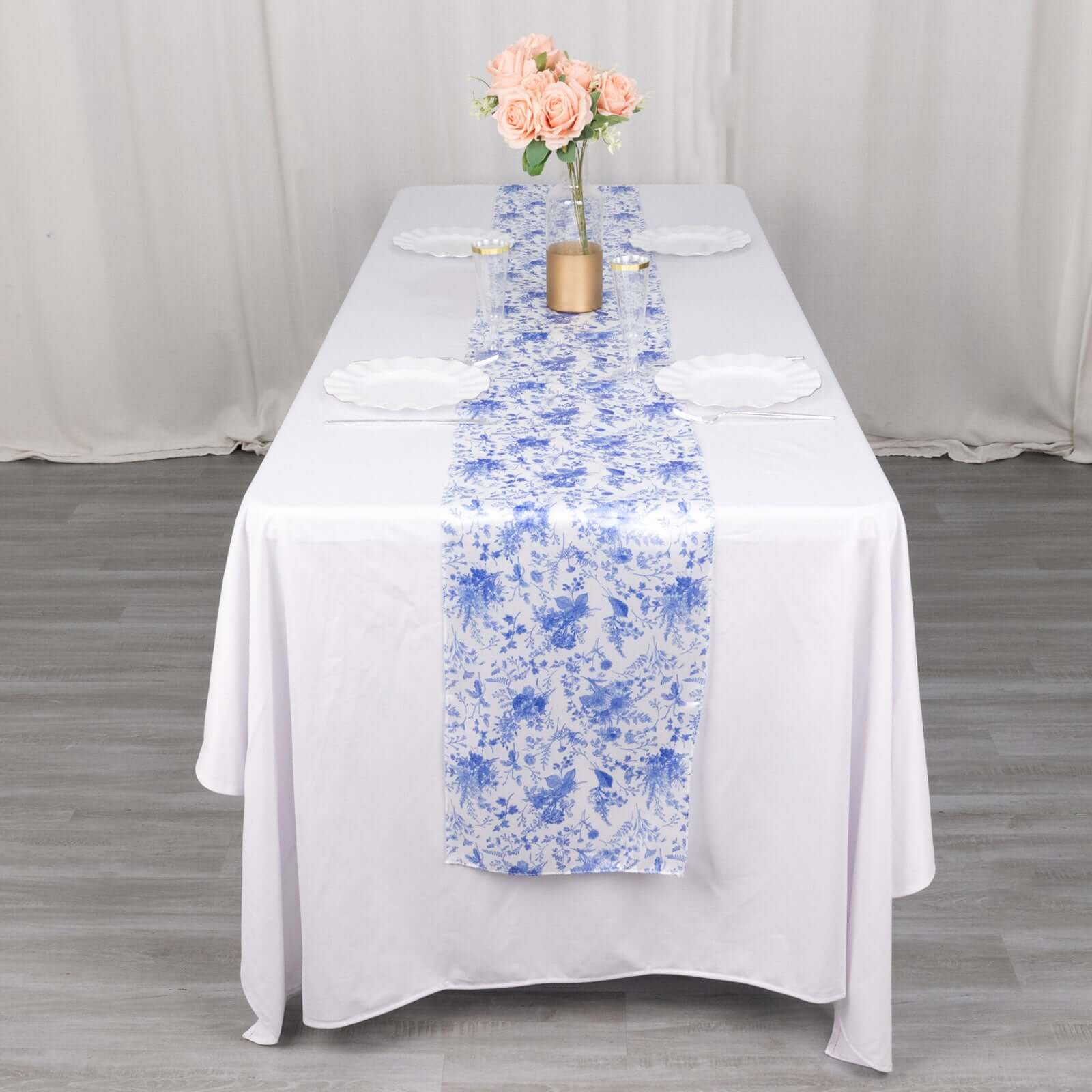 Satin 12x108 Table Runner White with Blue French Toile Floral Pattern - Refined Style for Upscale Events