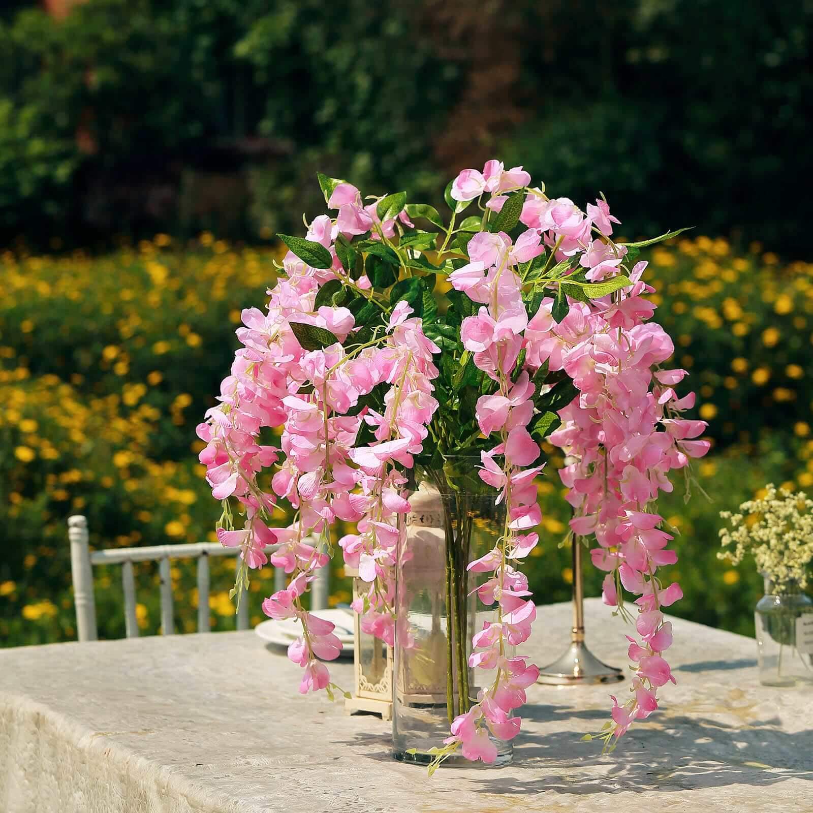 5 Pack 44 Silk Hanging Wisteria Flower Garland Vines in Pink, 3 Strands in 1 Bush